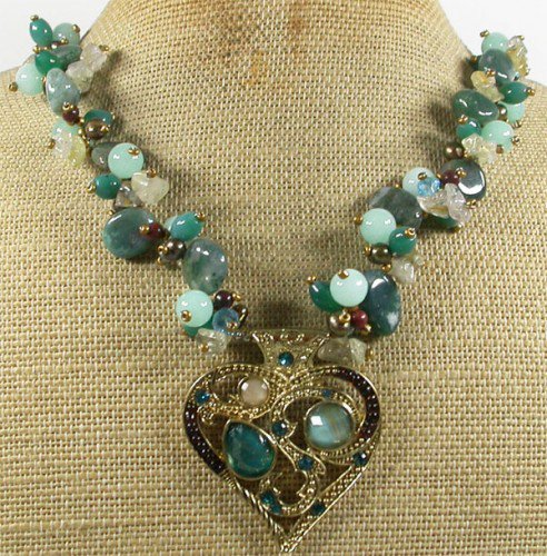 COPPER HEART PENDANT & AGATE & JADE & QUARTZ NECKLACE