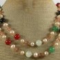 LONG! 40 RED BLACK AGATE & GREEN JADE & PEARL NECKLACE