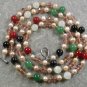 LONG! 40 RED BLACK AGATE & GREEN JADE & PEARL NECKLACE