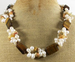 TIGER EYE & CRAZY AGATE & FRESH WATER PEARLS NECKLACE