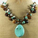 TURQUOISE & TIGER EYE & FRESH WATER PEARLS NECKLACE