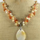 YELLOW HONEY JADE & RED AGATE & FW PEARL NECKLACE