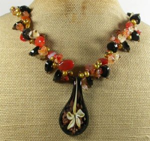 FLOWER LAMPWORK & AGATE & CITRINE & PEARL NECKLACE