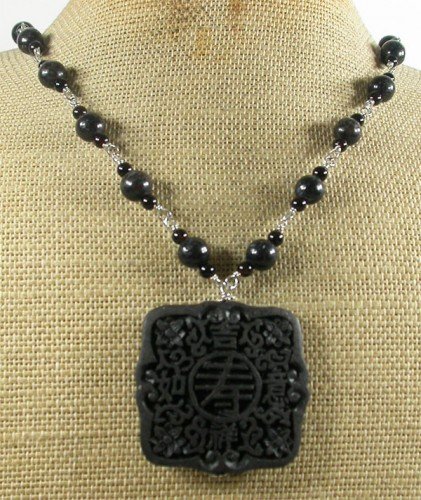 BLACK CINNABAR & AGATE & LABORADITE NECKLACE