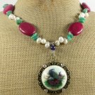 COPPER RESIN PEACOCK PORTRAIT TURQUOISE PEARLS NECKLACE