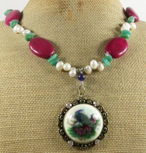 COPPER RESIN PEACOCK PORTRAIT TURQUOISE PEARLS NECKLACE