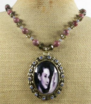 COPPER AUDREY HEPBURN PORTRAIT & JASPER CRYSTALNECKLACE