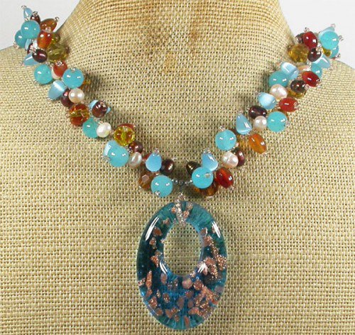 MURANO GLASS & RED AGATE & JADE & CRYSTAL NECKLACE