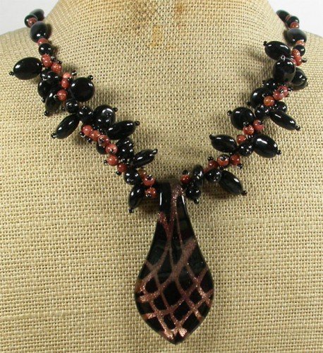 MURANO GLASS & BLACK AGATE & GOLDSTONE NECKLACE
