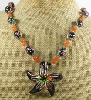 MURANO GLASS & HONEY JADE & FLOWER LAMPWORK NECKLACE
