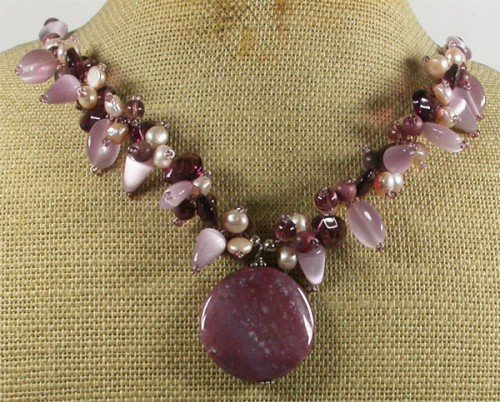 OCEAN JASPER CAT EYE RHODONITE CRYSTAL PEARLS NECKLACE