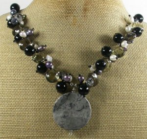 PICASSO JASPER & BLACK AGATE & QUARTZ CRYSTAL NECKLACE