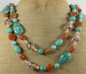 LONG! 40 TURQUOISE HONEY JADE FLOWER LAMPWORK NECKLACE