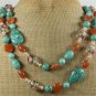 LONG! 40 TURQUOISE HONEY JADE FLOWER LAMPWORK NECKLACE