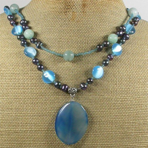 BLUE AGATE AMAZONITE CAT EYE PEARLS 2ROW NECKLACE