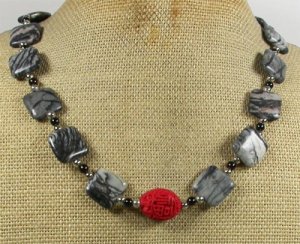 RED CINNABAR BLACK AGATE PICASSO JASPER NECKLACE
