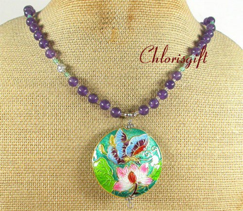LOTUS BUTTERFLY CLOISONNE PURPLE JADE NECKLACE