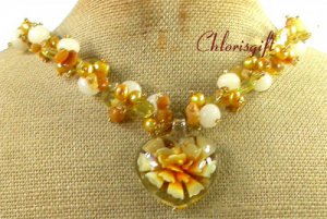 FLOWER LAMPWORK YELLOW JADE CRYSTAL PEARLS NECKLACE