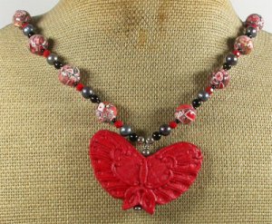 RED CINNABAR BUTTERFLY & AFRICAN TURQUOISE NECKLACE