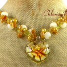 FLOWER LAMPWORK YELLOW JADE CRYSTAL PEARLS NECKLACE