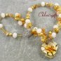 FLOWER LAMPWORK YELLOW JADE CRYSTAL PEARLS NECKLACE
