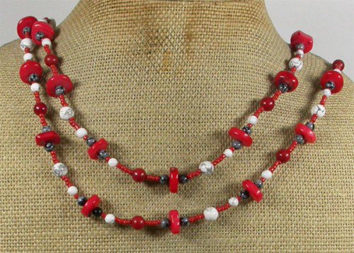LONG! 40 RED CORAL WHITE TURQUOISE NECKLACE
