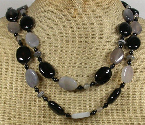 LONG! 40 BLACK AGATE & GREY AGATE NECKLACE