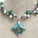 GREEN MOSS AGATE & JADE & FW PEARL NECKLACE