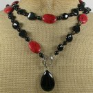 LONG! 40 BLACK AGATE & RED CORAL NECKLACE