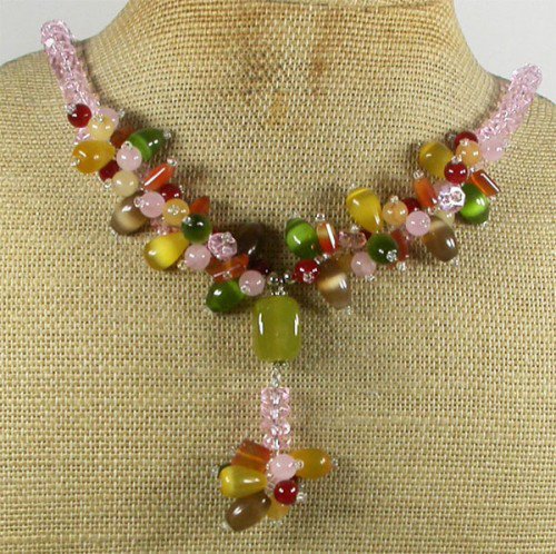RED CARNELIAN PINK YELLOW JADE CAT EYE CRYSTAL NECKLACE