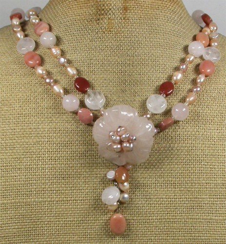 ROSE QUARTZ FLOWER PINK AVENTURINE PEARL 2ROW NECKLACE