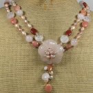 ROSE QUARTZ FLOWER PINK AVENTURINE PEARL 2ROW NECKLACE