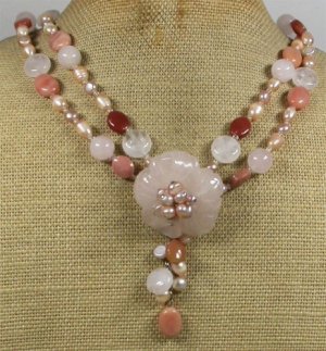 ROSE QUARTZ FLOWER PINK AVENTURINE PEARL 2ROW NECKLACE
