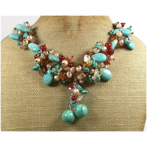 Turuquoise Agate Citrine Fresh Water Pearls Necklace