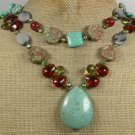 TURQUOISE AUTUMN JASPER CRYSTAL PEARLS 2ROW NECKLACE
