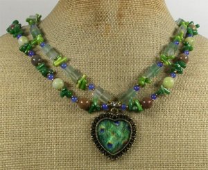 COPPER PEACOCK FEATHER AGATE CORAL JASPER 2ROW NECKLACE