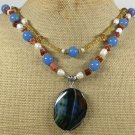 BRAZILIAN AGATE BLUE JADE GOLDSTONE PEARL 2ROW NECKLACE