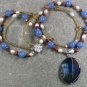 BRAZILIAN AGATE BLUE JADE GOLDSTONE PEARL 2ROW NECKLACE