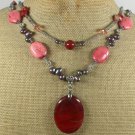 RED JASPER & TURQUOISE & FW PEARL 2ROW NECKLACE