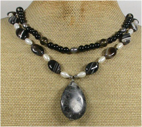 BLACK LABORADITE AGATE CRYSTAL PEARLS 2ROW NECKLACE