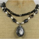 BLACK LABORADITE AGATE CRYSTAL PEARLS 2ROW NECKLACE