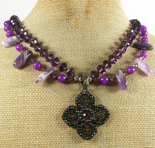 COPPER CRYSTAL PENDANT & AMETHYST & JADE 2ROW NECKLACE