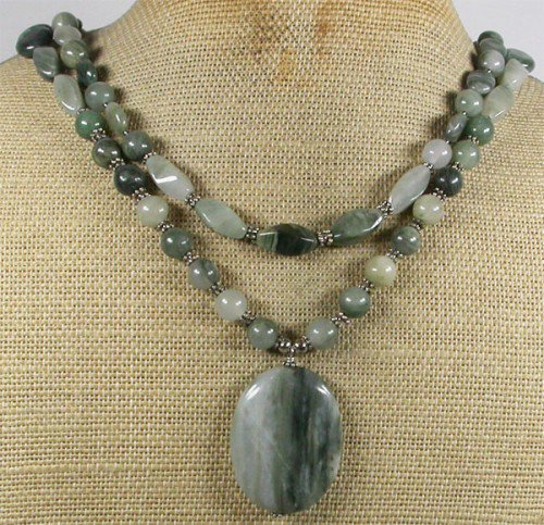 NATURAL GREEN RUTILATED JASPER 2ROW NECKLACE