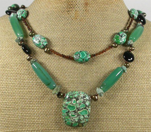 GREEN AFRICAN TURQUOISE AGATE PEARLS 2ROW NECKLACE