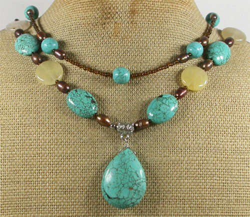TURQUOISE YELLOW JADE FRESH WATER PEARLS 2ROW NECKLACE