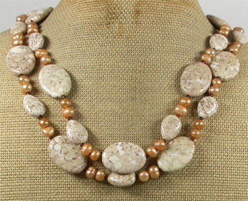 WHITE TURQUOISE & FRESH WATER PEARLS 2ROW NECKLACE