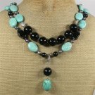 TURQUOISE & BLACK AGATE & FW PEARL 2ROW NECKLACE