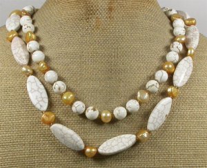 WHITE TURQUOISE & FRESH WATER PEARLS 2ROW NECKLACE