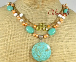 TURQUOISE BLUE JADE WHITE QUARTZ PEARLS 2ROW NECKLACE