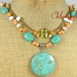 TURQUOISE BLUE JADE WHITE QUARTZ PEARLS 2ROW NECKLACE
